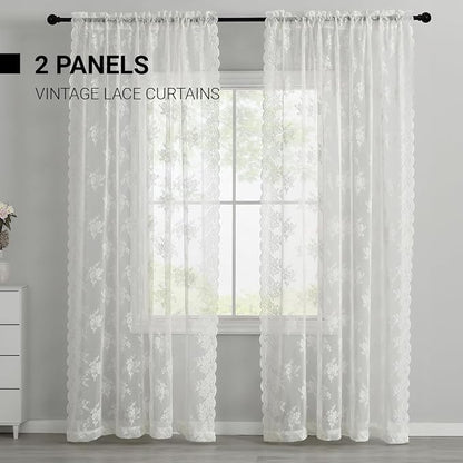 Kotile Ivory Lace Curtains for Living Room Vintage 52 x 96 Inch, 2 Panels | Rod - Image 2