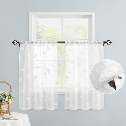 HOMEIDEAS White Sheer Kitchen Curtains 30 X 36 Inch Length 2 Panels Embroidered - Image 2