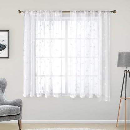 HOMEIDEAS White Sheer Kitchen Curtains 52 x 45 Inch Length 2 Panels Embroidered by HOMEIDEAS