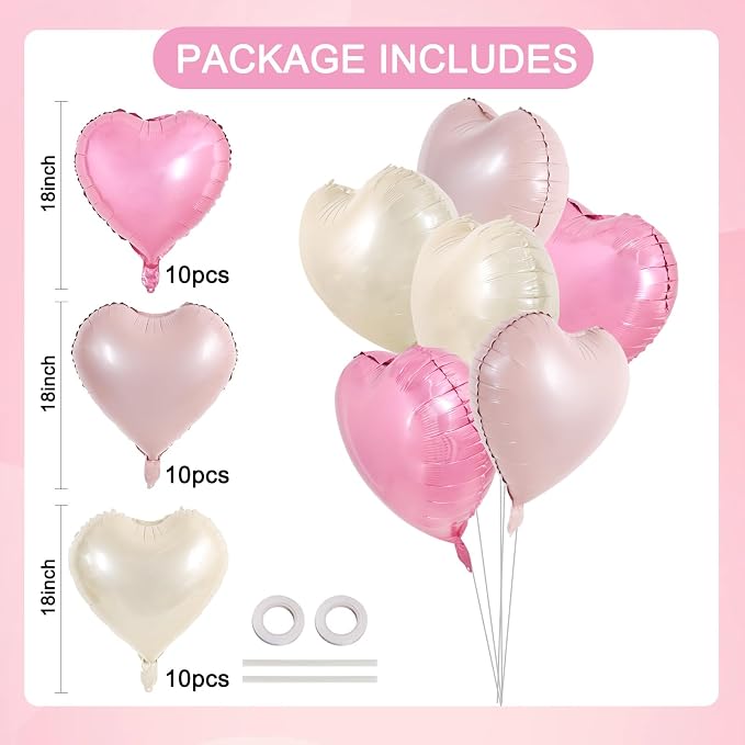 TONIFUL 30 Pcs 18 Inch Cream White Pink Heart Shape Foil Mylar Balloons | - Image 2