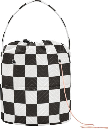 Checkered Black Yarn Bag Small Crochet Bag Drawstring Yarn Storage Organizer by Tatenale