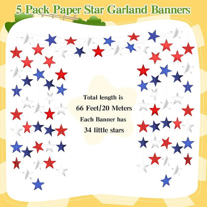 Red White and Blue Star Garland Banner, 66 Feet Patriotic Star Hanging Streamer - Image 3