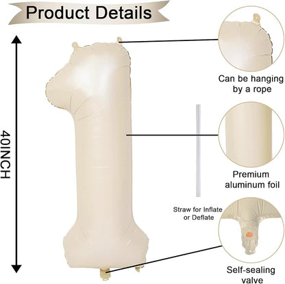 40 Inch Cream Number 1 Balloon, Digital 1 Helium Balloon - Image 2