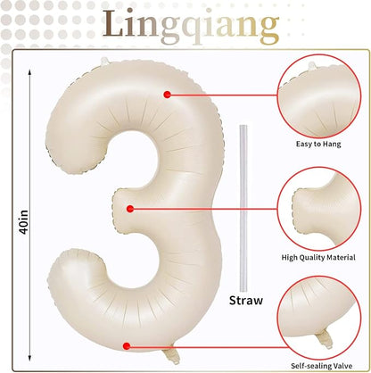 40 Inch Beige Large Numbers Balloons 3, Self Inflating Ivory White Digit 3 - Image 2