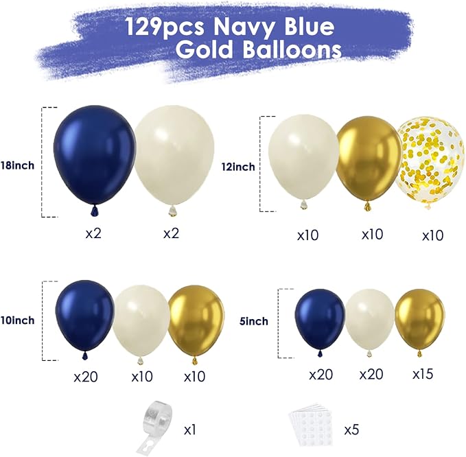Navy Blue Gold White Balloon Arch Kit 129 Pcs Double Stuffed | Luxury Wedding - Image 3