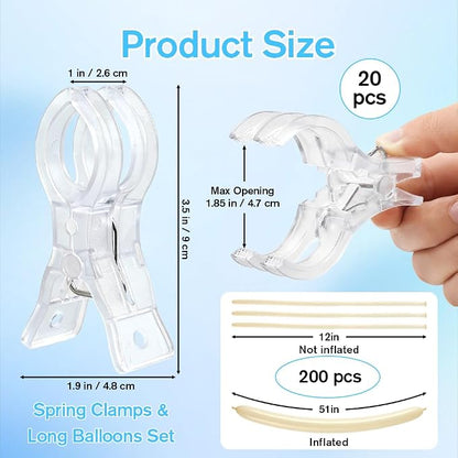 20Pcs Balloon Clips with 200Pcs Long Balloons, 3.5" Transparent Plastic - Image 2
