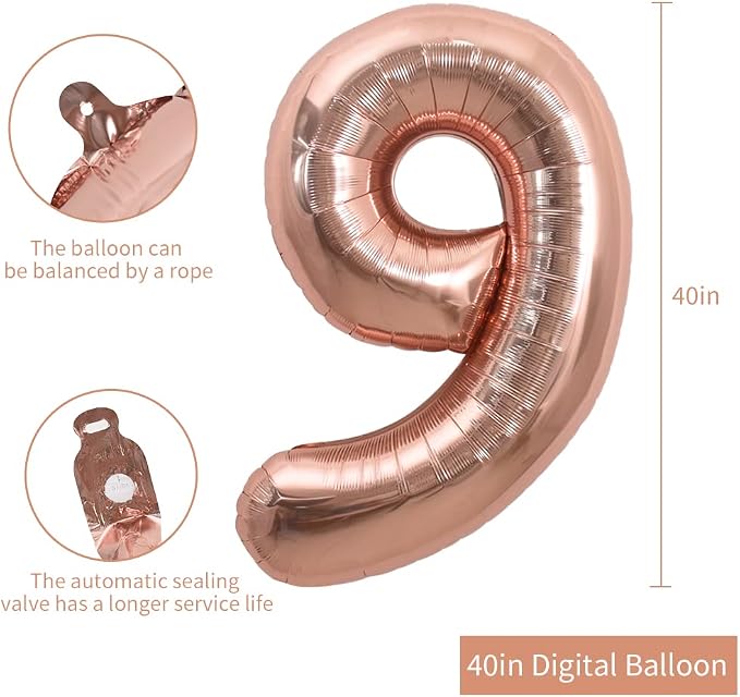 TONIFUL 40 Inch Rose Gold Large Numbers Balloons 0-9, Number 9 Digital 9 Helium - Image 2
