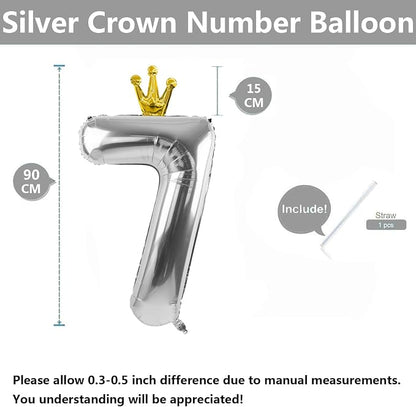 Silver Number 7 Balloon with Crown, 40 inch Silver Number Balloon 7th Birthday - Image 2