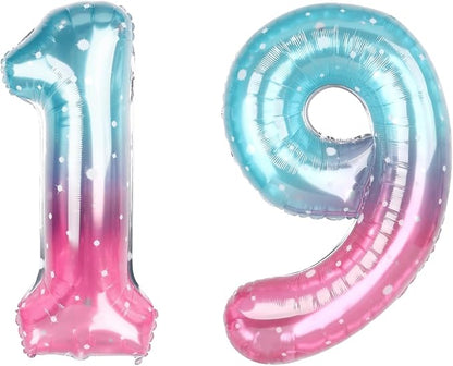 40 Inch Blue Pink Number 19 Balloon, Ombre Foil 19th Birthday Party Decor | by Unknown