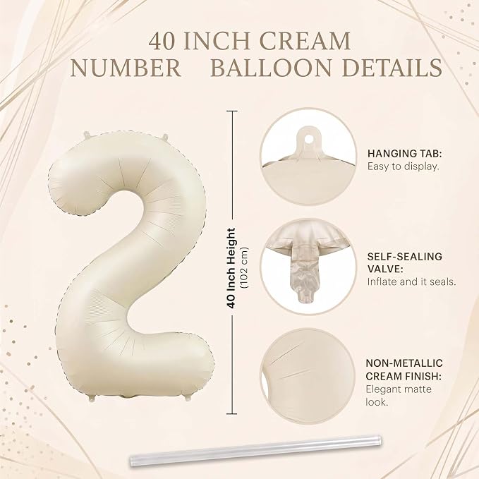 Cream Number 2 Balloon 40 Inch, Foil Numeral - Image 4