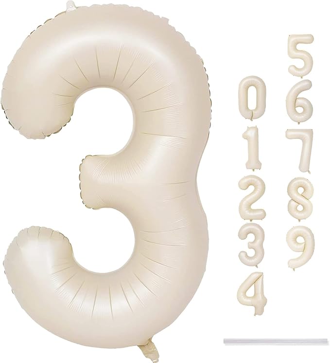 40 Inch Beige Large Numbers Balloons 3, Self Inflating Ivory White Digit 3 - Image 9