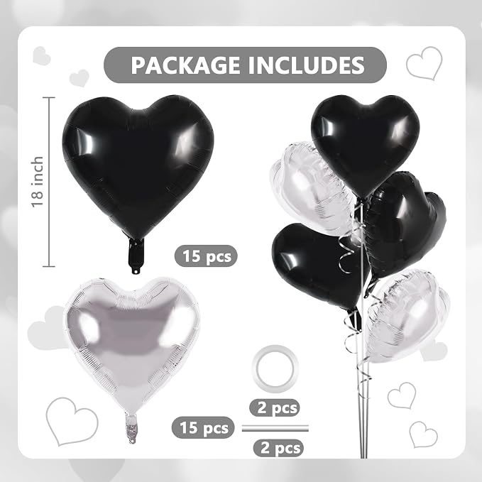 TONIFUL 30 Pcs Black Silver Heart Balloons 18 Inch Heart Shape Foil Balloon | - Image 2
