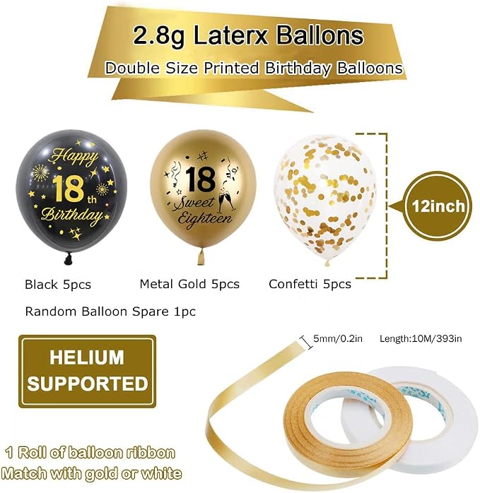 Black Gold 18th Birthday Balloons Pack of 15 Boys Girls Happy 18th Birthday - Image 2