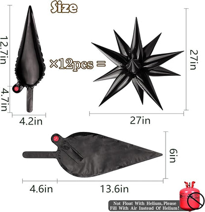 Black Star Foil Balloon 12 Point Cone Explosion Star Foil Balloon | 60 Pcs - Image 2