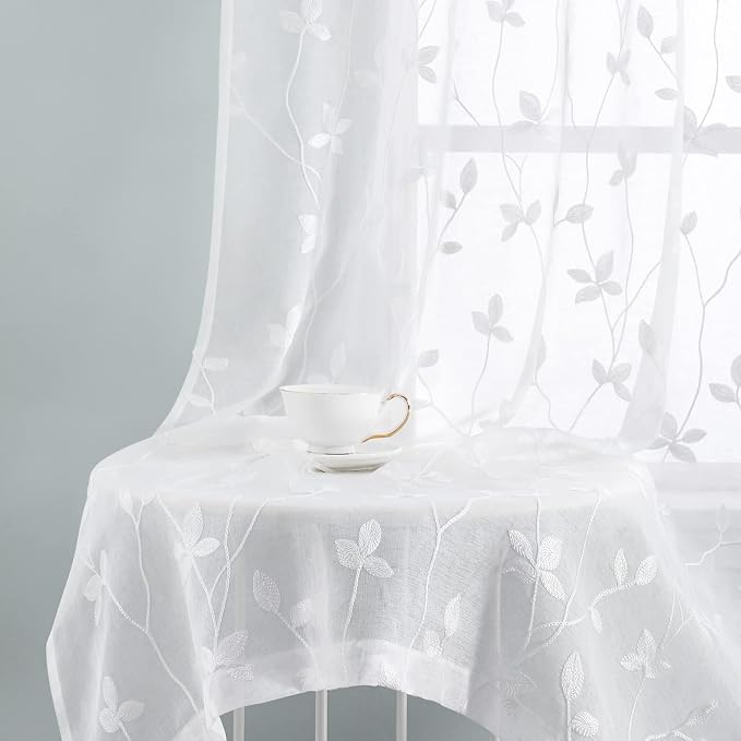 HOMEIDEAS White Sheer Curtains 2 Panels, Embroidered Vine Leaf, W52 x L96 | - Image 7
