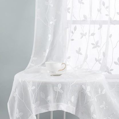 HOMEIDEAS White Sheer Curtains 2 Panels, Embroidered Vine Leaf, W52 x L96 | - Image 7