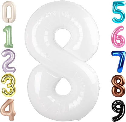 8 Balloon Numbers Birthday Decorations, 40In White Balloons by Mluchee