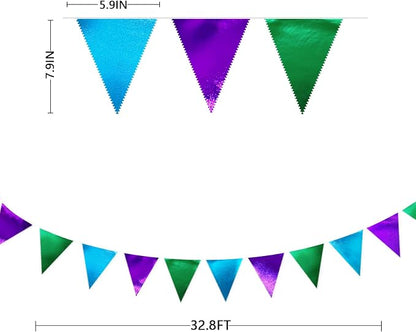Blue Green Purple Party Decorations Metallic Fabric Triangle Pennant Banner - Image 2