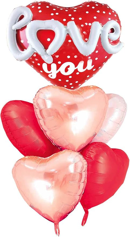 Red Heart Shape Rose Gold Love You Balloons Pack Of 6 Foil Helium Mylar Balloons by DDywarm