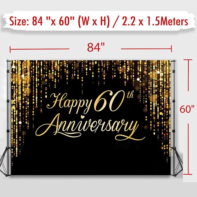 Happy 60th Annverisary Background Decorations Black Gold Backdrop Banner - Image 5
