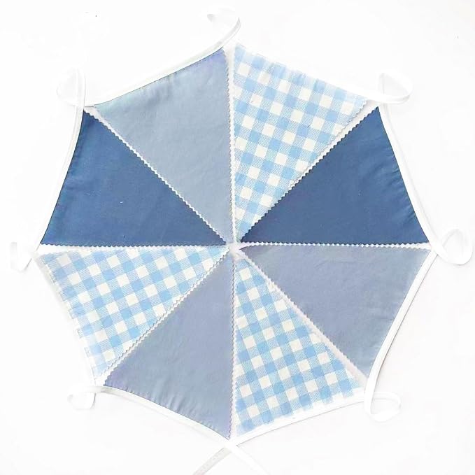 32Ft Dusty Blue Party Decorations Retro Blue Gingham Triangle Banner Flag - Image 6