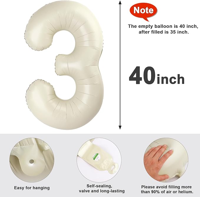 3 Balloon Numbers Birthday Decorations, 40In Cream Balloons - Image 5
