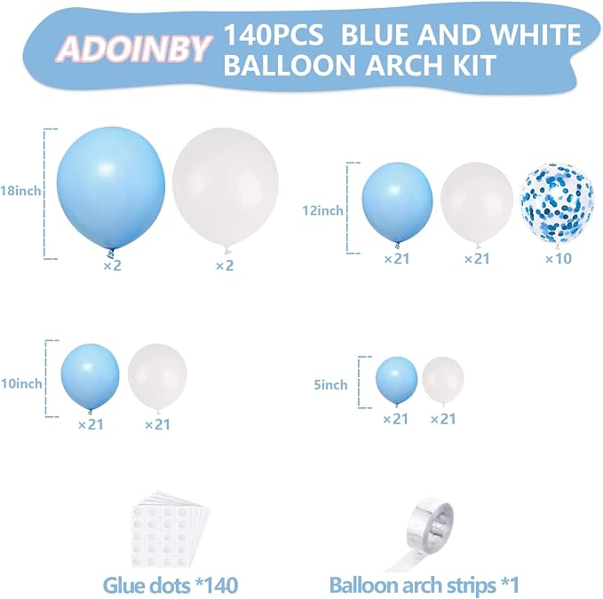 Blue and White Balloon Arch Kit, ADOINBY 140Pcs Pastel Light Blue and White - Image 2