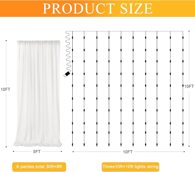 Tulle Backdrop Curtains with Lights Sheer Ivory Curtain Backdrop 30x10ft | - Image 2