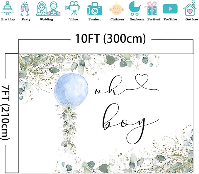 Mocsicka Oh Boy Watercolor Blue Balloon Backdrop Greenery Boy Baby Shower - Image 3