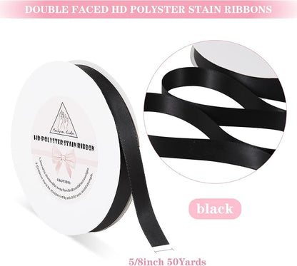 Black Satin Ribbon for Gift Warping, 5/8inch 50 Yards Solid Polyester Fabric - Image 2