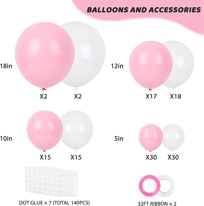 RUBFAC White and Pink Balloons 129pcs Different Sizes 18 12 10 5 Inch | Latex - Image 2