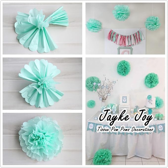 12 Pcs Tissue Paper Pom Poms Mint Peach Beige Mixed Sizes 8" 10" 12" - Image 6