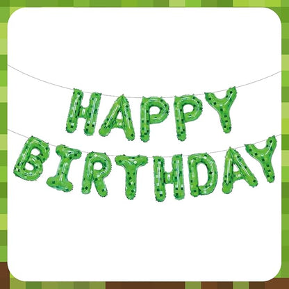 Green Pixel Miner Theme Happy Birthday Balloons Banner 16 Inch Letters by WESTGO