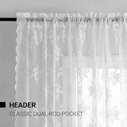 Kotile White Lace Curtains for Kitchen Windows W52 x L45 Inch, 2 Panels | Rod - Image 2