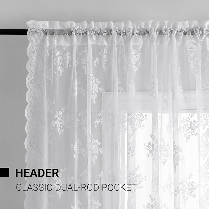 Kotile White Lace Curtains for Living Room Floral 52 x 84 Inch, 2 Panels | Rod - Image 4