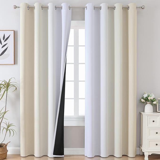 Beige and Greyish White Blackout Curtains 102 Inches Long by ESTELARTEXTILER
