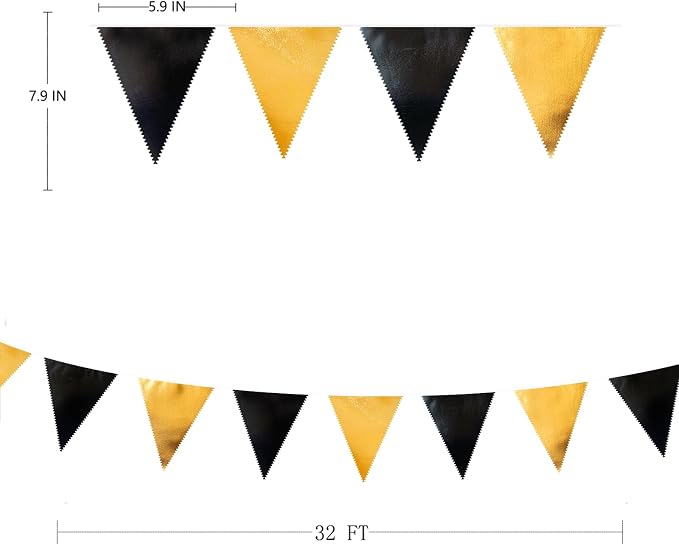 Black and Gold Party Decorations Triangle Pennant Banner Flag Metallic Fabric - Image 2