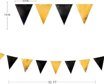 Black and Gold Party Decorations Triangle Pennant Banner Flag Metallic Fabric - Image 2