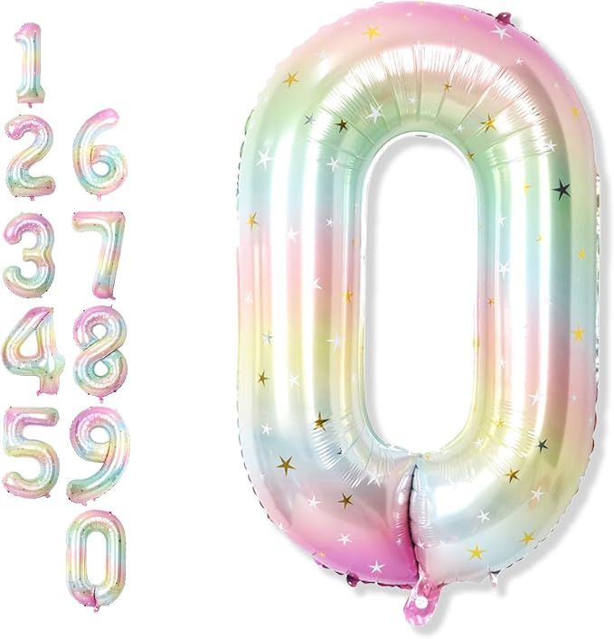 40 Inch Rainbow Number Balloon, Large Stars Gradient Multi Color Foil Balloons by Froova
