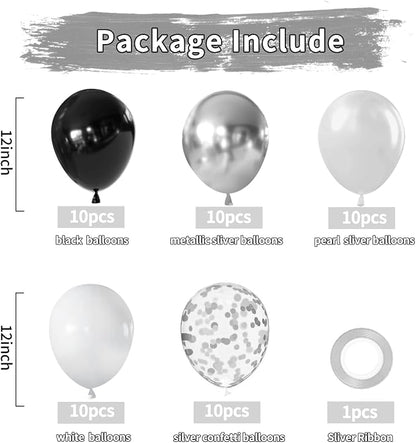 Zesliwy Black Silver White Balloons Set, Party Decor | Metallic Silver - Image 2
