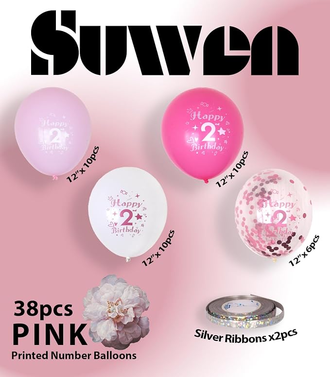 SUWEN Pink 2nd Number Printed Balloons 38PCS 12 Inch | 1-9 Latex Balloons Party - Image 5