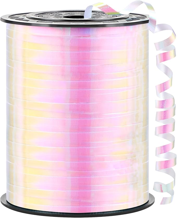 White Curling Ribbon, 500 Yards, 1/5 Inch | Iridescent, by CLUEWR