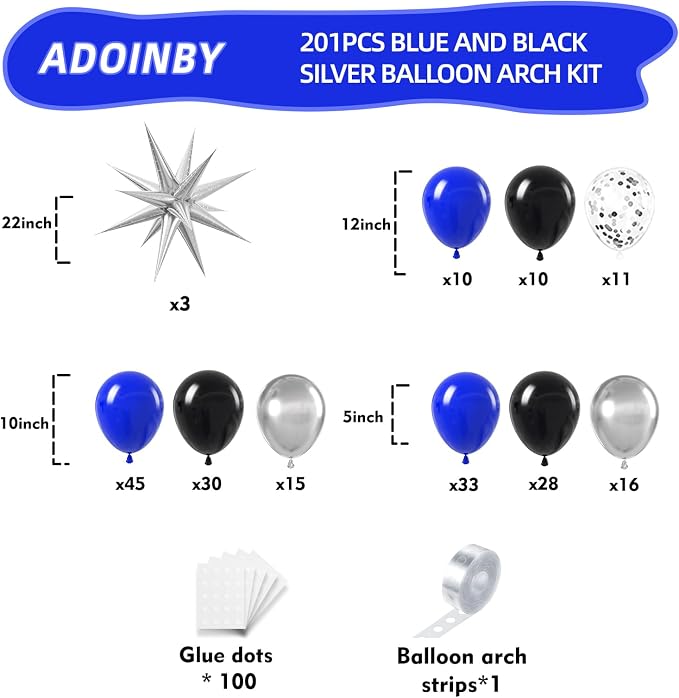 Blue and Black Balloon Arch Kit, Different Size Balloons - Image 2