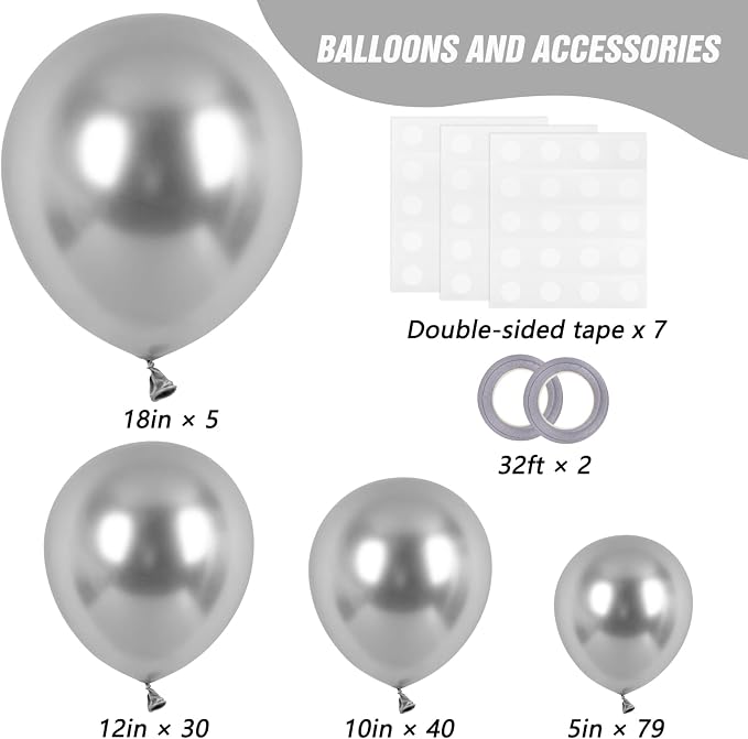 RUBFAC Metallic Silver Balloons Different Sizes Balloon Arch 154pcs | Garland - Image 2
