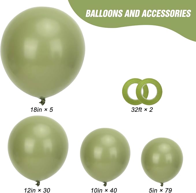 RUBFAC Sage Green Balloons Different Size Green Balloon Arch 154pcs | Olive - Image 2