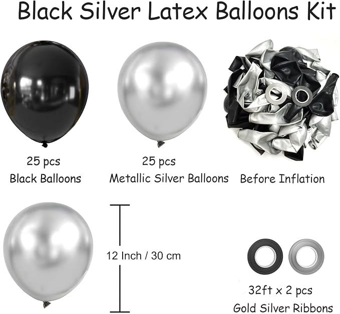 Black and Silver Balloons, Graduation, New Years, Engagement Party Decorations - Image 7