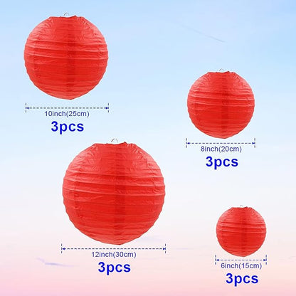 Red Paper Lanterns 12 Pcs Assorted Size of 6" 8" 10" 12" Chinese Round Paper - Image 2