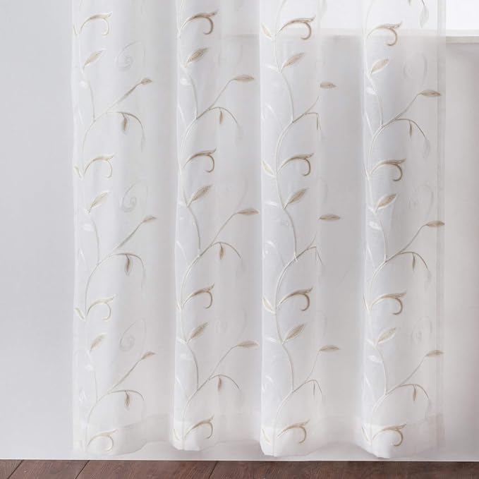 White Sheer Curtains Beige Embroidered Leaves 2 Panels 54Wx63L | Light - Image 6