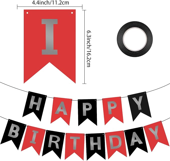 Hooqict Happy Birthday Banner Red Silver Black Happy Birthday Decorations - Image 2