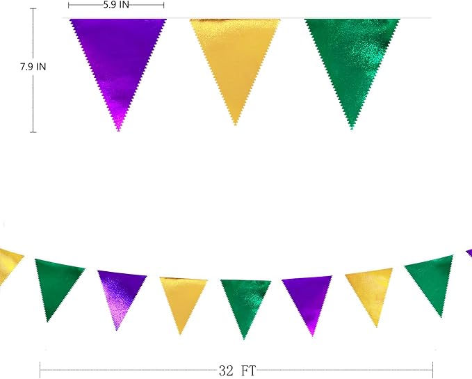 Mardi Gras Party Decorations Purple Green and Gold Metallic Fabric Triangle - Image 2